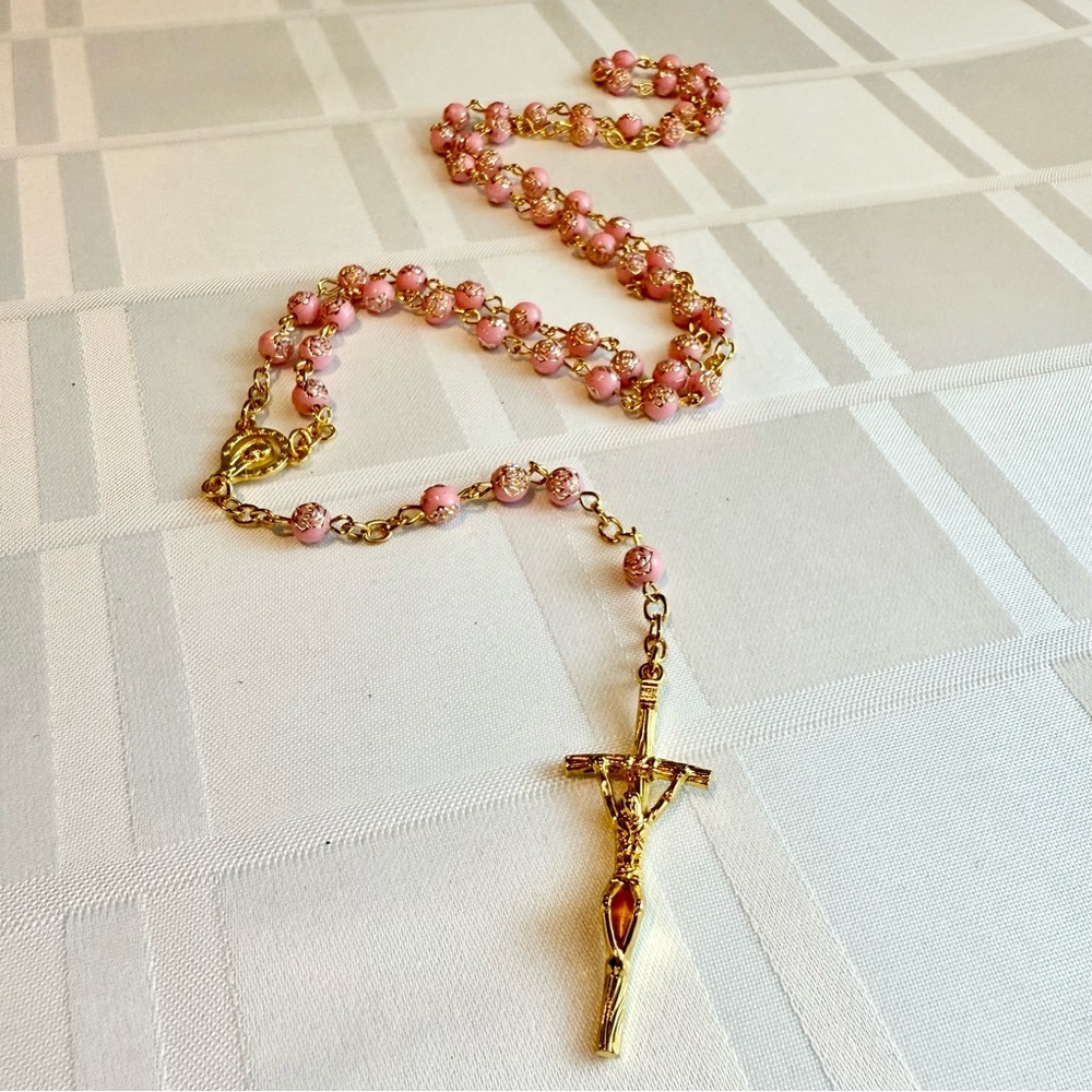 Handmade Pink Acrylic Crystal Catholic Prayer Rosary - Picture 5 of 5